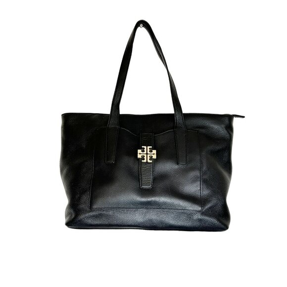 Tory Burch Meyer Plaque Pebbled Leather Tote Bag in Black - Picture 1 of 10